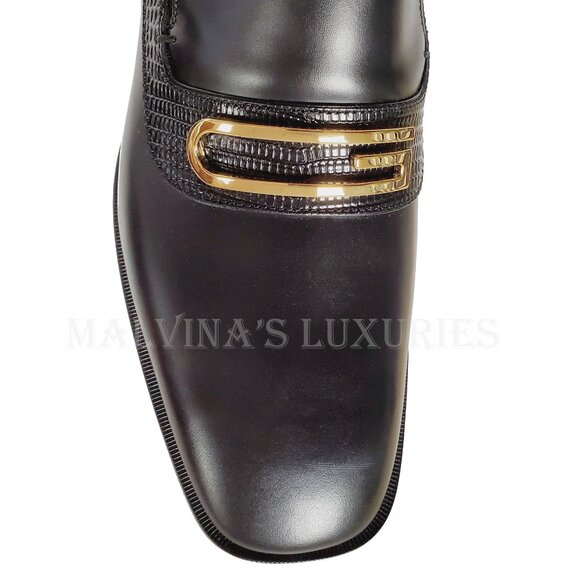GUCCI SHOES MENS GEOMETRIC G LOGO BLACK LEATHER LOAFERS w LIZARD sz 10 10.5 - Picture 11 of 15